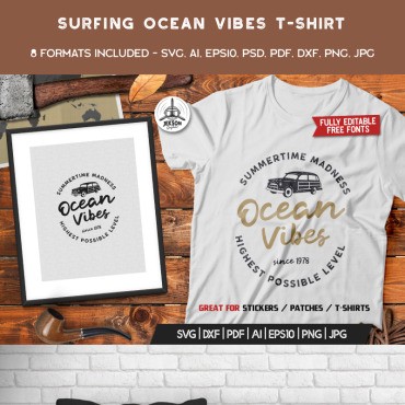 Ocean Vibes, Surfing. Шаблон для дизайна футболки. Артикул 89339