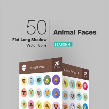 50 Лица животных с плоской длинной тенью. Набор иконок. Артикул 93845