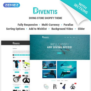 Diventis - Интернет-магазин снаряжения для дайвинга. Shopify шаблон. Артикул 69556