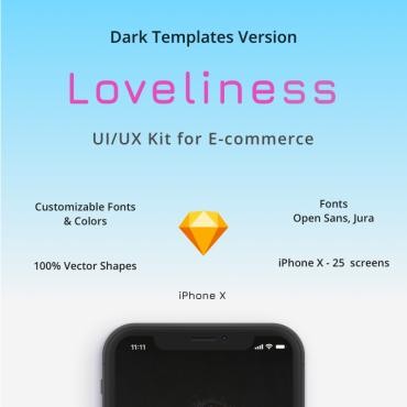Loveliness - UI / UX Темная версия Набор для электронной коммерции для iPhone X. Шаблон эскиза. Артикул 99238