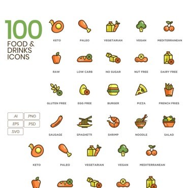 100 Food _ Drinks Icons - Eco Series.  .  91354