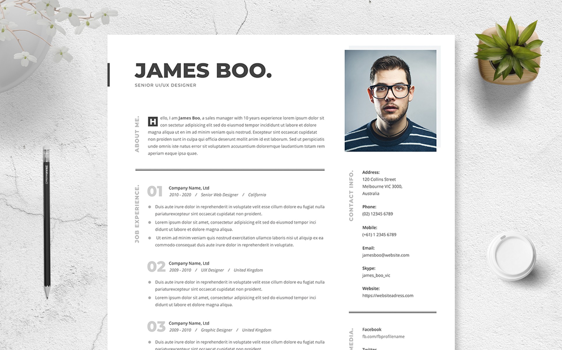 Джеймс Бу | Чистый Профессионал. Шаблон для резюме. Артикул 107039