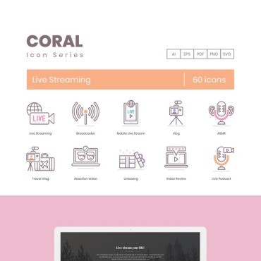 60 Live Streaming Icons - Серия Coral. Набор иконок. Артикул 90373