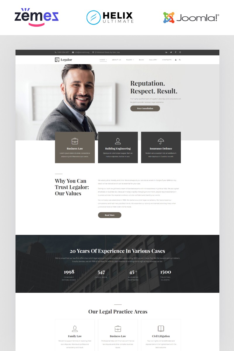 Legalor - многостраничный адвокат Чистая тема Joomla