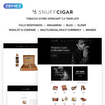SnuffCigar - элегантный сигарный интернет-магазин. OpenCart шаблон. Артикул 70687