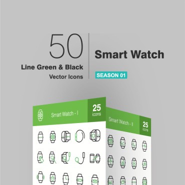 50 Smart Watch Line Green & Black. Набор иконок. Артикул 90882