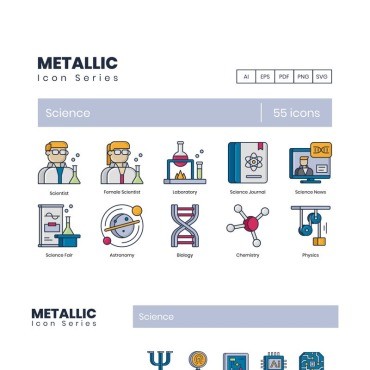 55 Science Icons - Metallic Series.  .  90484