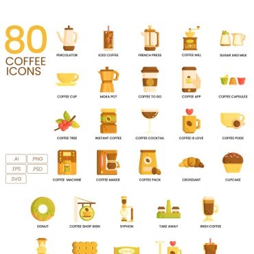 80 Coffee Icons - Caramel Series. Набор иконок. Артикул 89825
