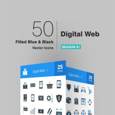 50 цифровых веб-страниц, синий и черный. Набор иконок. Артикул 94164