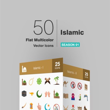 50 исламских плоских многоцветных. Набор иконок. Артикул 91973