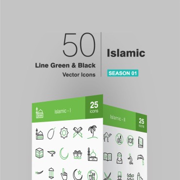 50 исламских линий зеленого и черного. Набор иконок. Артикул 92524