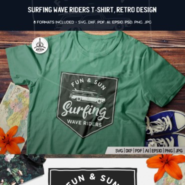 Surfing Wave Riders Retro Design. Шаблон для дизайна футболки. Артикул 88313