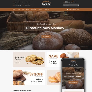 Crevbite - Магазин хлебобулочных и шоколадных изделий. WooCommerce тема. Артикул 79584
