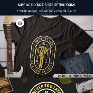 Футболка Surfing Chicks. Ретро дизайн. Шаблон для дизайна футболки. Артикул 88314