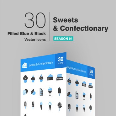 30 сладостей и кондитерских изделий, наполненных синим и черным. Набор иконок. Артикул 93580