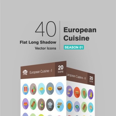 40 Европейская кухня Flat Long Shadow. Набор иконок. Артикул 94175
