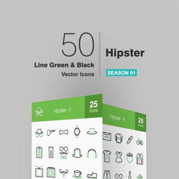 50 Hipster Line Green & Black. Набор иконок. Артикул 93171