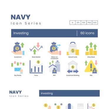 60 Investing Icons - Navy Series.  .  90374
