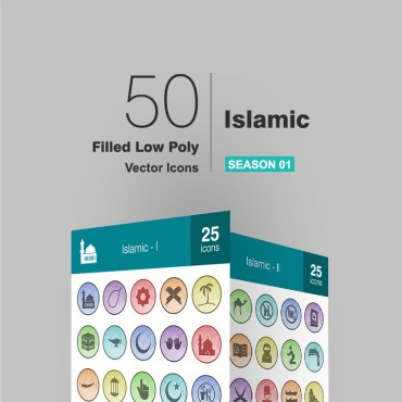 50 исламских наполненных низкополигональных. Набор иконок. Артикул 93780