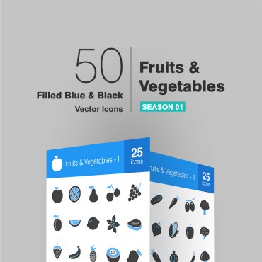 50 фруктов и овощей, наполненных синим и черным. Набор иконок. Артикул 93774
