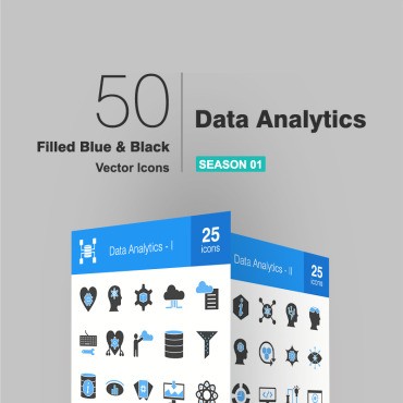 50 Data Analytics заполнены синим и черным. Набор иконок. Артикул 93818