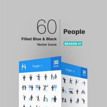 60 человек заполнены синим и черным. Набор иконок. Артикул 92520