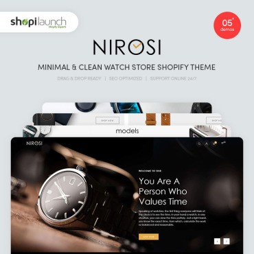 Nirosi - магазин минимальных и чистых часов. Shopify шаблон. Артикул 96290