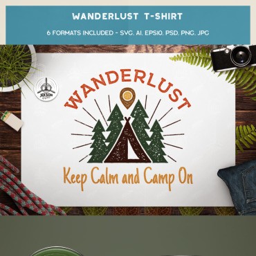 Wanderlust - сохраняйте спокойствие и спокойствие. Шаблон для дизайна футболки. Артикул 89021