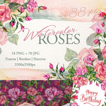 Чудесные розовые розы PNG Акварельный набор. Иллюстрация. Артикул 70950