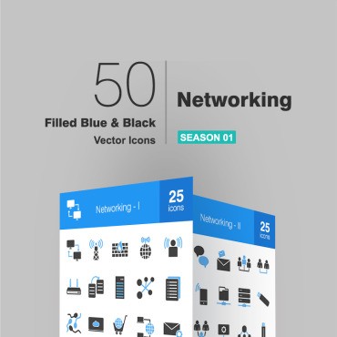 50 сетей, заполненных синим и черным. Набор иконок. Артикул 91090