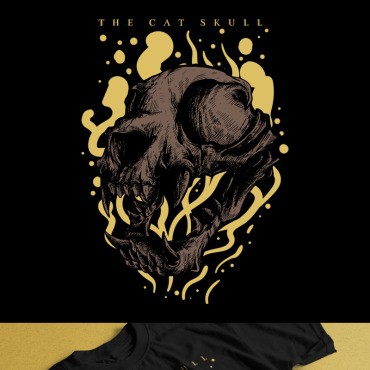 Кошачий череп. Шаблон для дизайна футболки. Артикул 89191