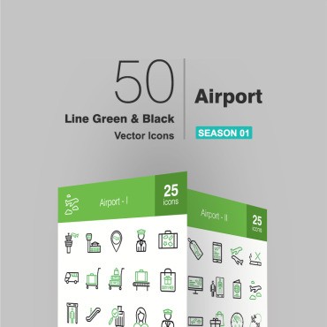 50 линий аэропорта, зеленый и черный. Набор иконок. Артикул 93599