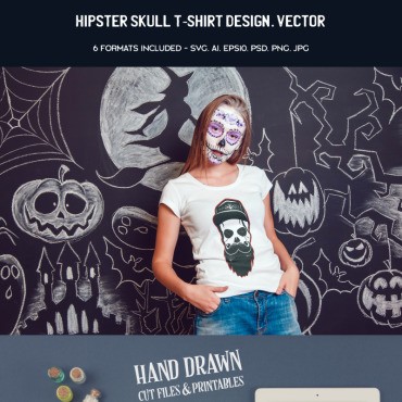 Hipster Skull Design. Вектор SVG. Шаблон для дизайна футболки. Артикул 88312