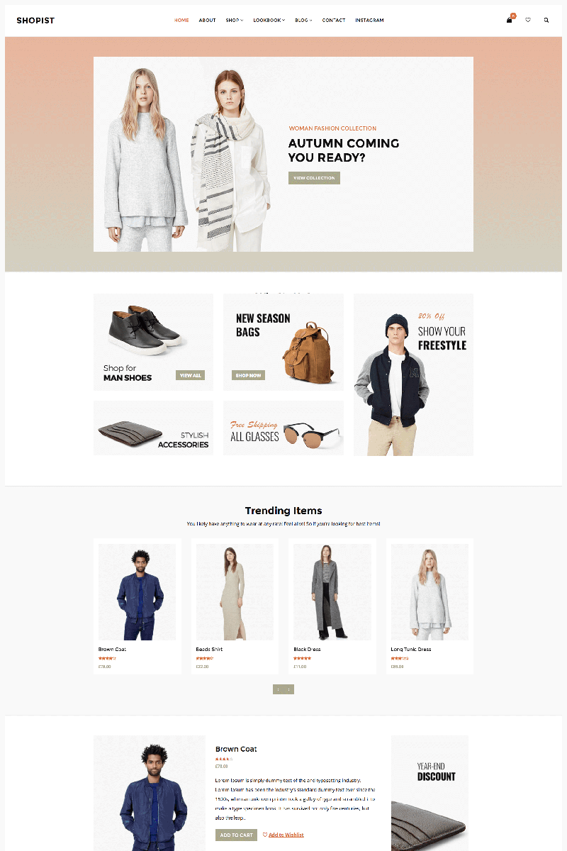 Shopist - адаптивная стильная электронная коммерция. WooCommerce тема. Артикул 64051